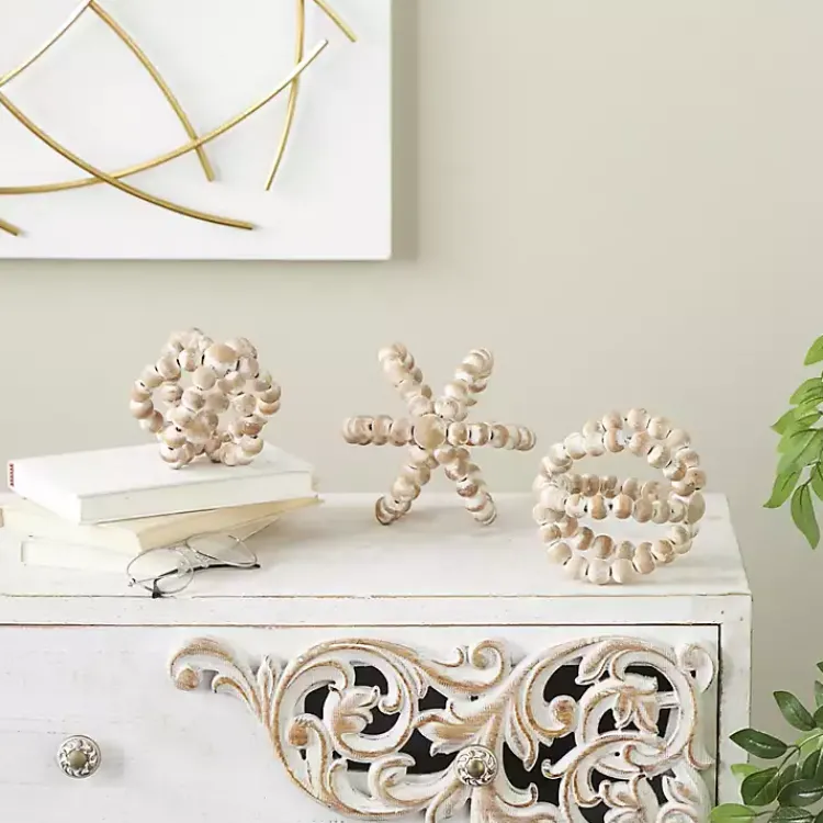 Online White Beaded Boho Wooden Orbs, Set of 3 Bowl Filler