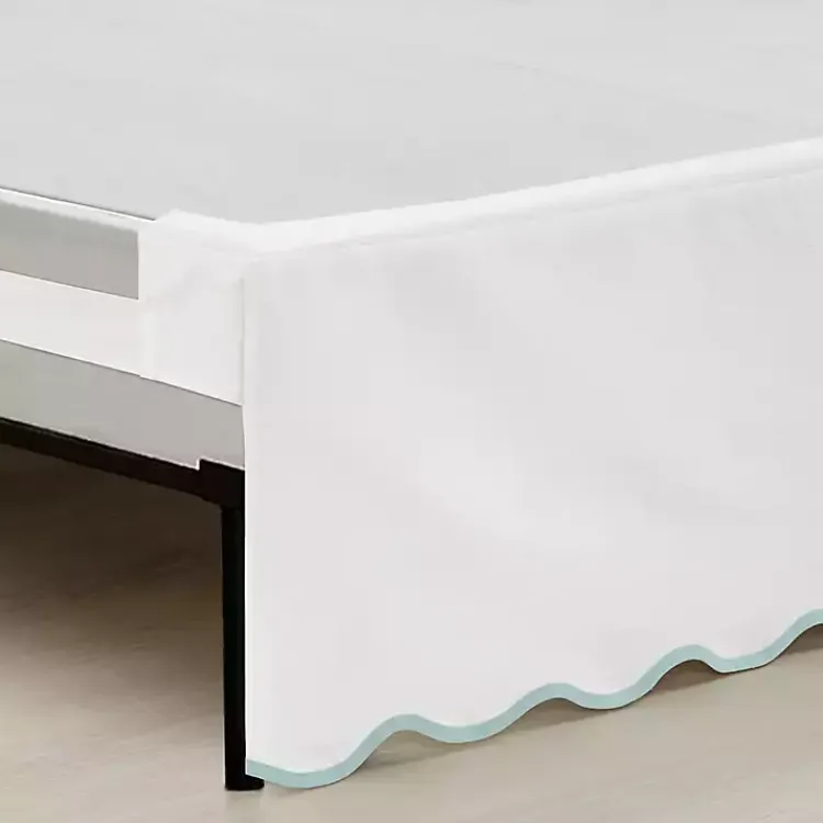 Kirklands Home Bedding Essentials|White Blue Scalloped Coastal Queen Bed Skirt