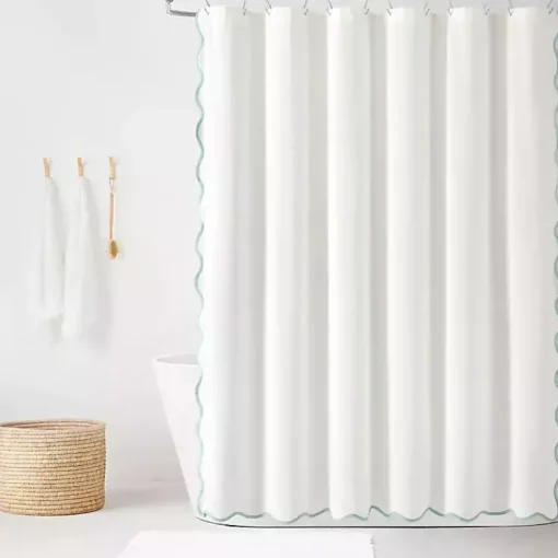 Kirklands Home Shower Curtains|White Blue Scalloped Coastal Shower Curtain