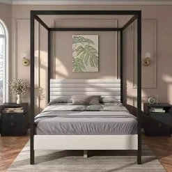 Kirklands Home Beds & Headboards|White Boucle Upholstered Black Canopy Queen Bed