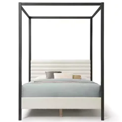 Kirklands Home Beds & Headboards|White Boucle Upholstered Black Canopy Queen Bed