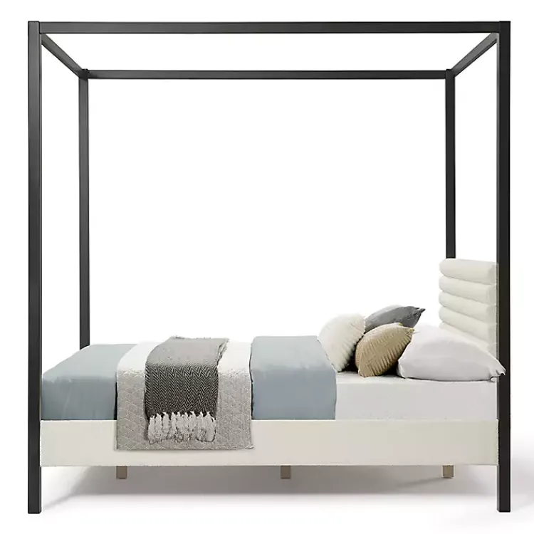 Kirklands Home Beds & Headboards|White Boucle Upholstered Black Canopy Queen Bed