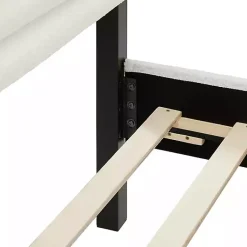 Kirklands Home Beds & Headboards|White Boucle Upholstered Black Canopy Queen Bed