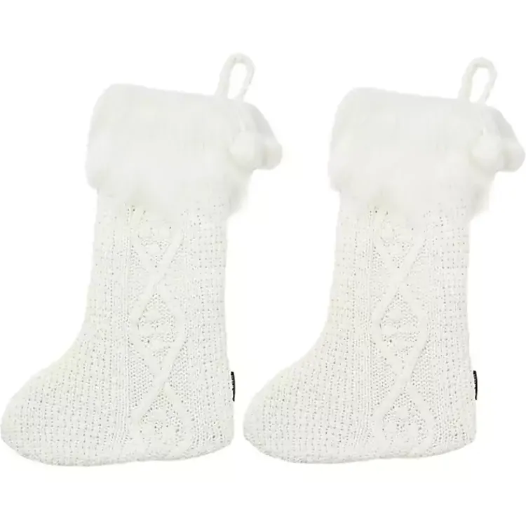 Hot Cable Knit Stockings with Fur Trim, Set of 2 Christmas Stockings & Stocking Holders