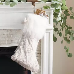 Hot Cable Knit Stockings with Fur Trim, Set of 2 Christmas Stockings & Stocking Holders