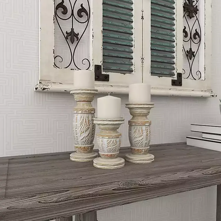 Discount White Carved Wood Candle Holders, Set of 3 Candle Holders
