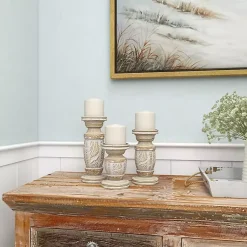 Discount White Carved Wood Candle Holders, Set of 3 Candle Holders