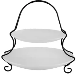 Kirklands Home Serving & Entertaining|Ceramic 2 Tiered Serving Set with Metal Rack White