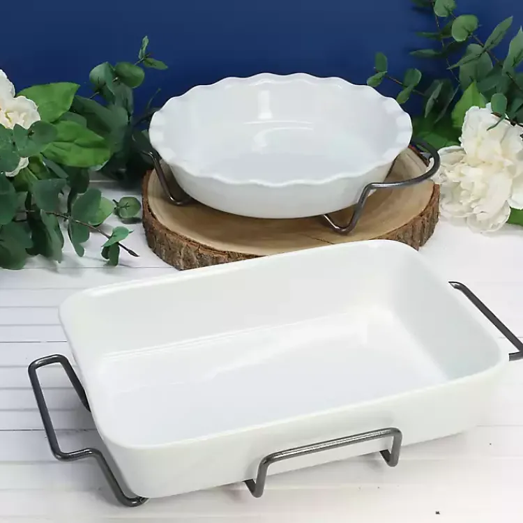 Kirklands Home Bakeware & Cookware|Ceramic Baker and Pie Dish Set with Racks White