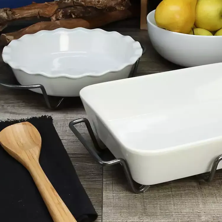 Kirklands Home Bakeware & Cookware|Ceramic Baker and Pie Dish Set with Racks White