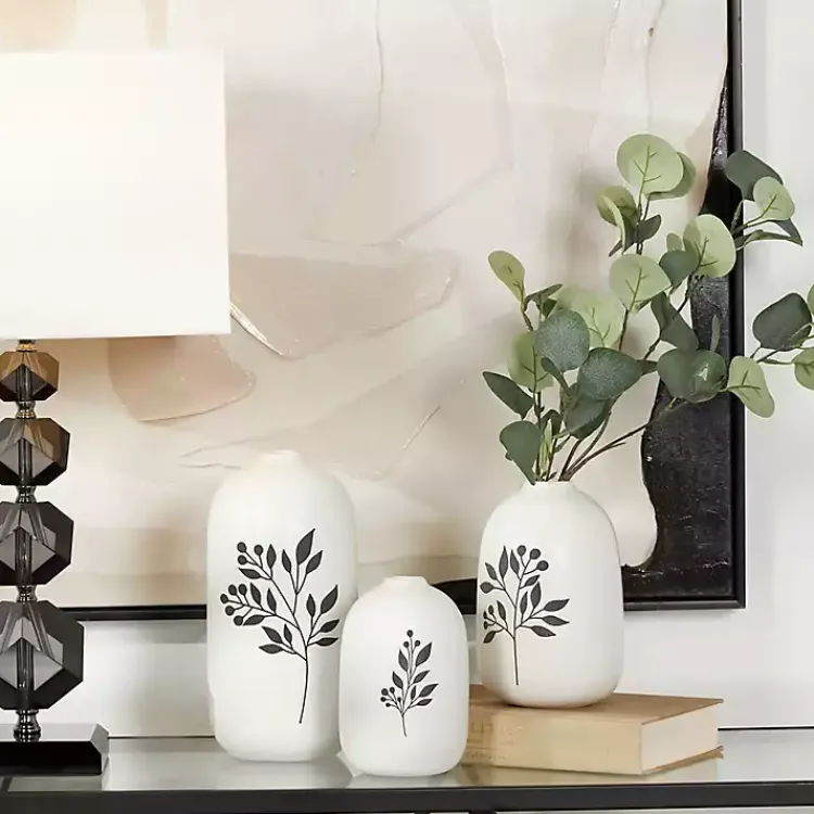 Outlet White Ceramic Berry and Fern Vases, Set of 3 Vases