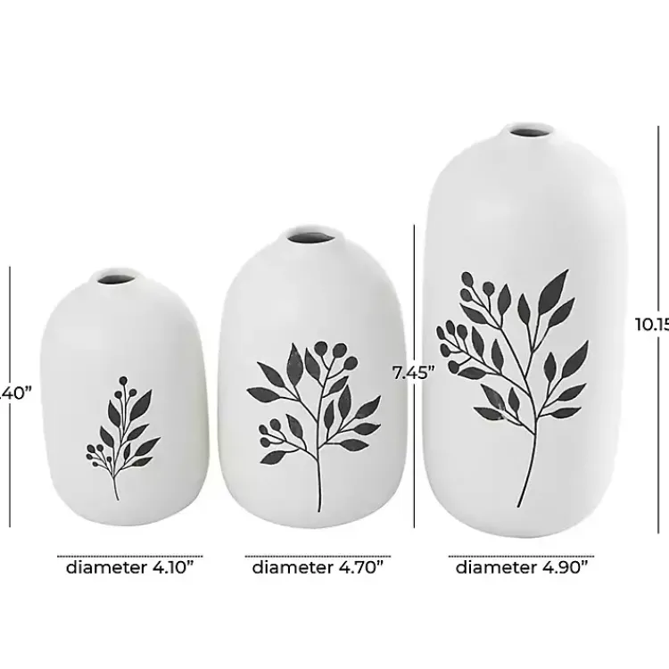 Outlet White Ceramic Berry and Fern Vases, Set of 3 Vases