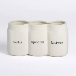 Kirklands Home Kitchen Storage|Ceramic 3-Section Mason Jar Utensil Holder White