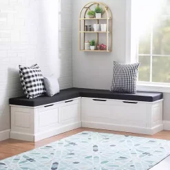 Kirklands Home Benches & Ottomans|White Corner Bench with Black Cushions