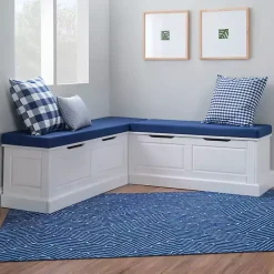 Kirklands Home Benches & Ottomans|White Corner Bench with Blue Cushions