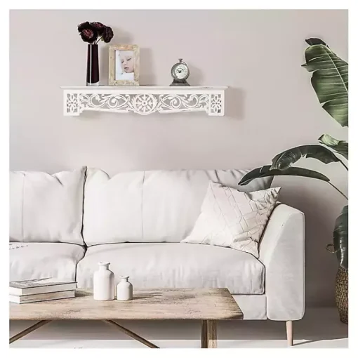 Kirklands Home Shelves|White Distressed Wood Carved Floral Shelf