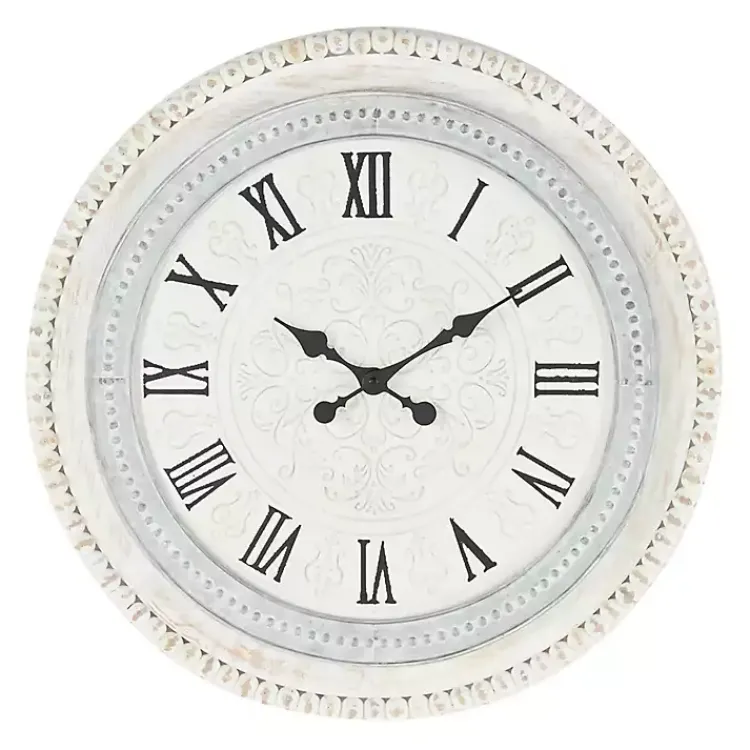 Kirklands Home Clocks|White Distressed Wood Round Beaded Wall Clock