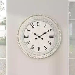 Kirklands Home Clocks|White Distressed Wood Round Beaded Wall Clock
