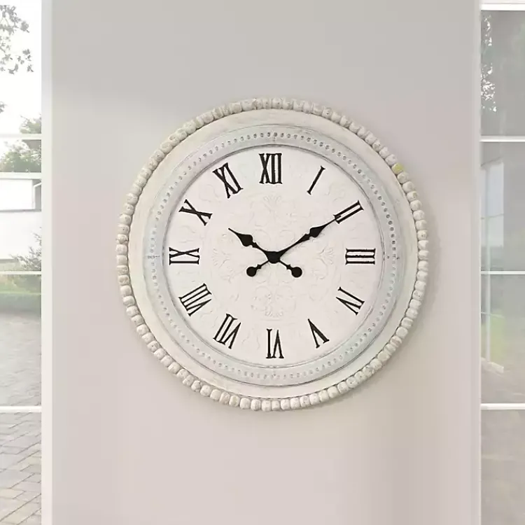 Kirklands Home Clocks|White Distressed Wood Round Beaded Wall Clock