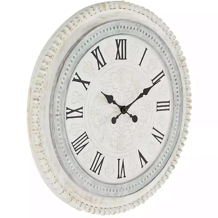 Kirklands Home Clocks|White Distressed Wood Round Beaded Wall Clock