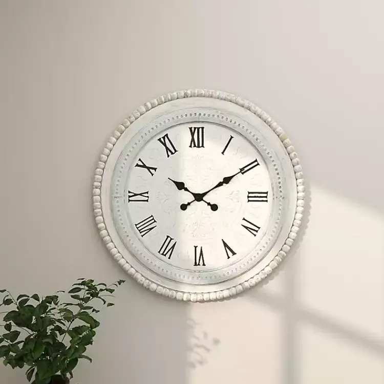 Kirklands Home Clocks|White Distressed Wood Round Beaded Wall Clock