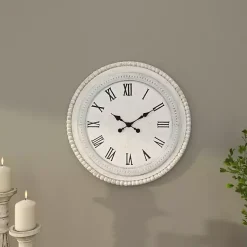 Kirklands Home Clocks|White Distressed Wood Round Beaded Wall Clock