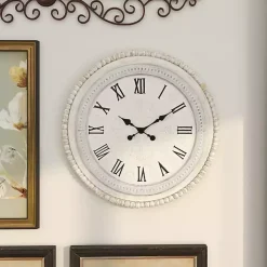 Kirklands Home Clocks|White Distressed Wood Round Beaded Wall Clock