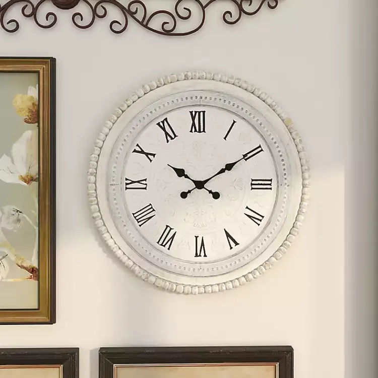 Kirklands Home Clocks|White Distressed Wood Round Beaded Wall Clock