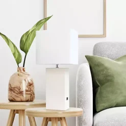 Kirklands Home Table Lamps|Faux Leather Charging Table Lamp White