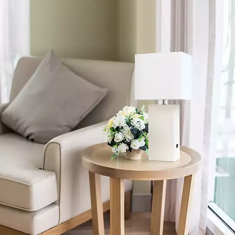Kirklands Home Table Lamps|Faux Leather Charging Table Lamp White