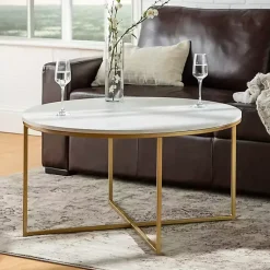 Kirklands Home Coffee Tables|Faux Marble & Gold X-Base Coffee Table White