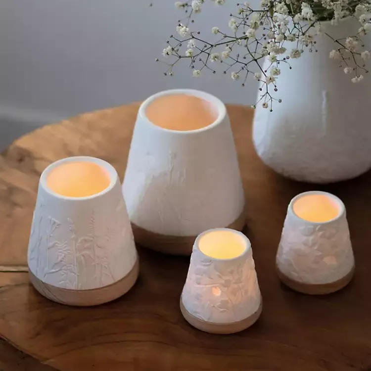 Discount White Floral Meadow Embossed Wood Base Vase Vases