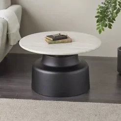 Kirklands Home Coffee Tables|Marble & Black Metal Pedestal Coffee Table White