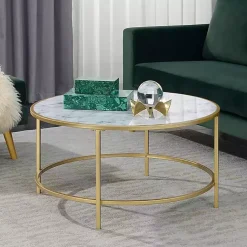Kirklands Home Coffee Tables|White Marble & Metal Round Coffee Table Gold