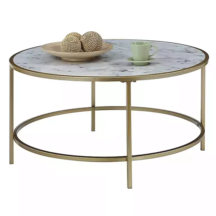 Kirklands Home Coffee Tables|White Marble & Metal Round Coffee Table Gold