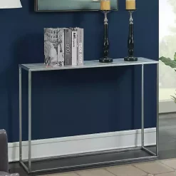 Kirklands Home Console Tables|White Marble & Metal Slim Console Table Silver