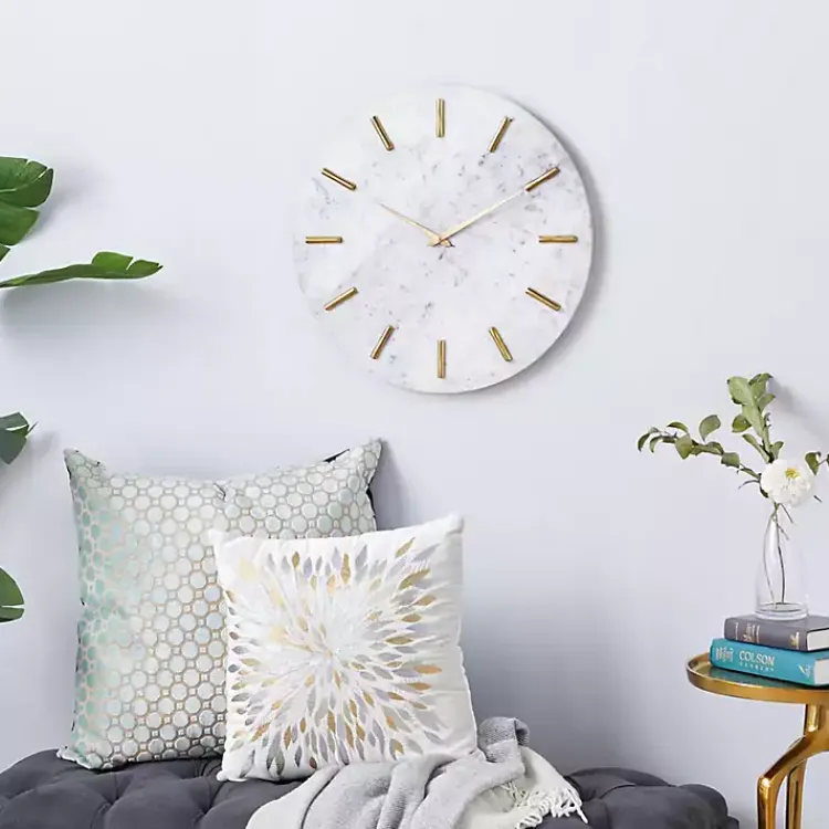 Kirklands Home Clocks|White Marble and Gold Accent Wall Clock, 20 in.
