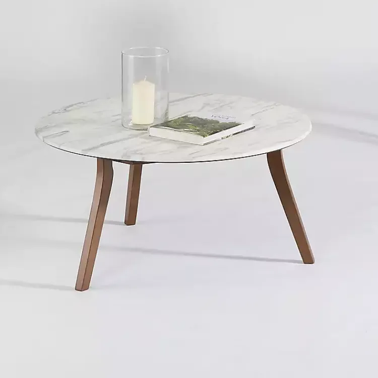 Kirklands Home Coffee Tables|White Marble and Wood Round Coffee Table Tan