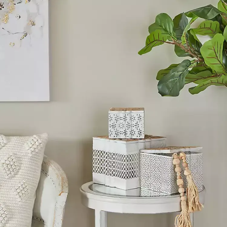 New White Metal and Carved Wood Boxes, Set of 3 Baskets & Boxes