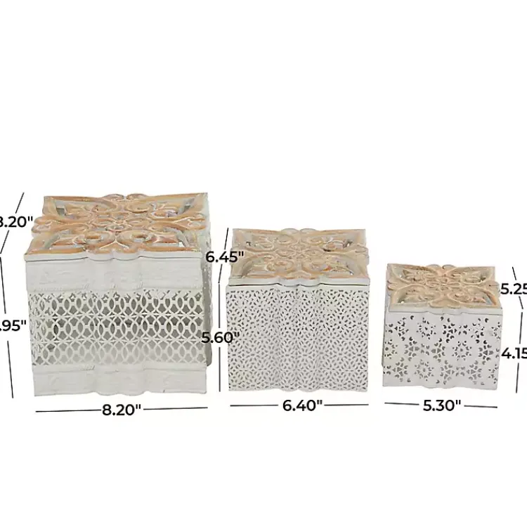 New White Metal and Carved Wood Boxes, Set of 3 Baskets & Boxes
