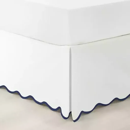 Kirklands Home Bedding Essentials|White Navy Scalloped Coastal Queen Bed Skirt
