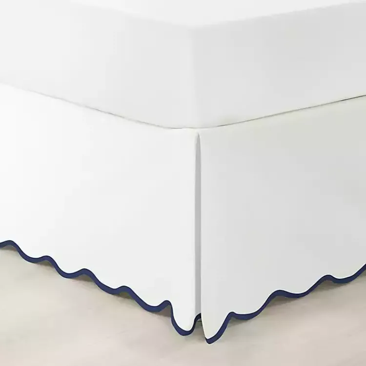 Kirklands Home Bedding Essentials|White Navy Scalloped Coastal Queen Bed Skirt