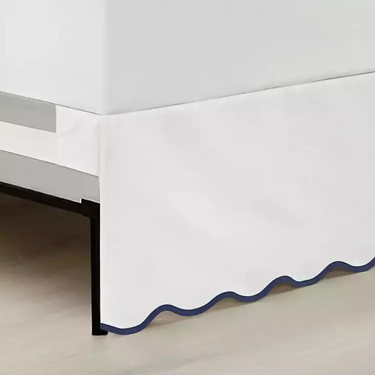 Kirklands Home Bedding Essentials|White Navy Scalloped Coastal Queen Bed Skirt