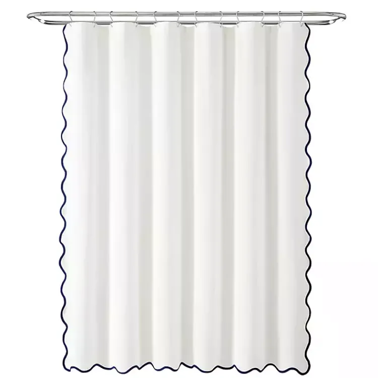 Kirklands Home Shower Curtains|White Navy Scalloped Coastal Shower Curtain