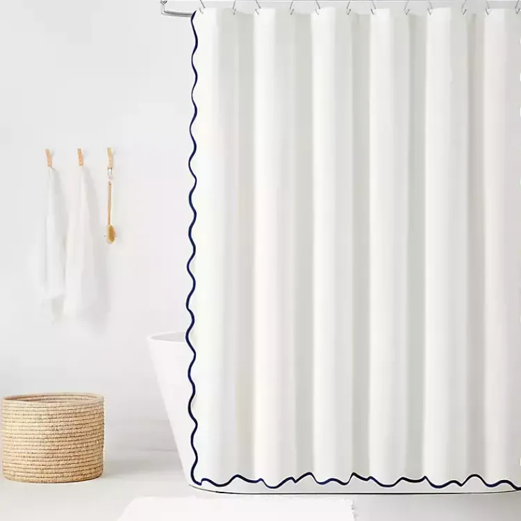 Kirklands Home Shower Curtains|White Navy Scalloped Coastal Shower Curtain