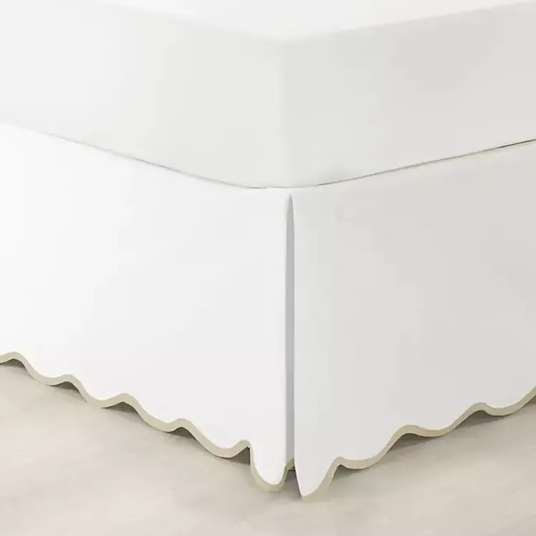 Kirklands Home Bedding Essentials|White Neutral Scalloped Coastal Queen Bed Skirt Tan