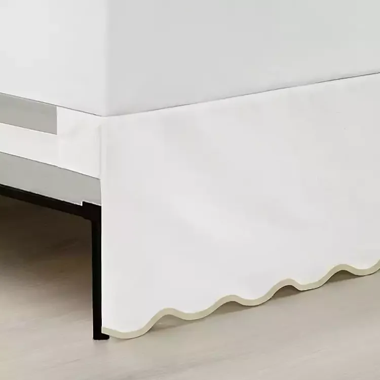 Kirklands Home Bedding Essentials|White Neutral Scalloped Coastal Queen Bed Skirt Tan