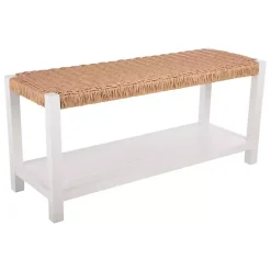 Kirklands Home Benches & Ottomans|White Newport Wood and Rattan Bench with Shelf Brown
