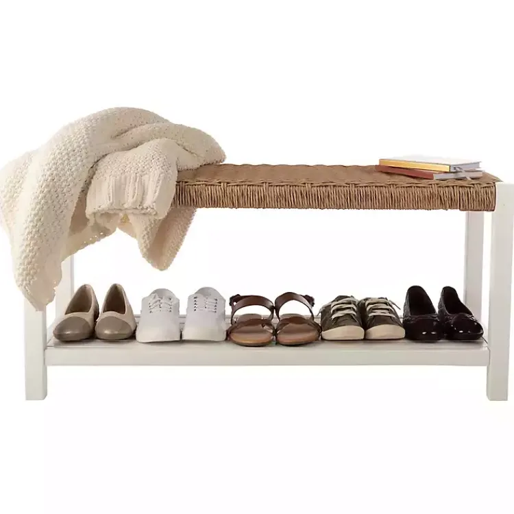 Kirklands Home Benches & Ottomans|White Newport Wood and Rattan Bench with Shelf Brown