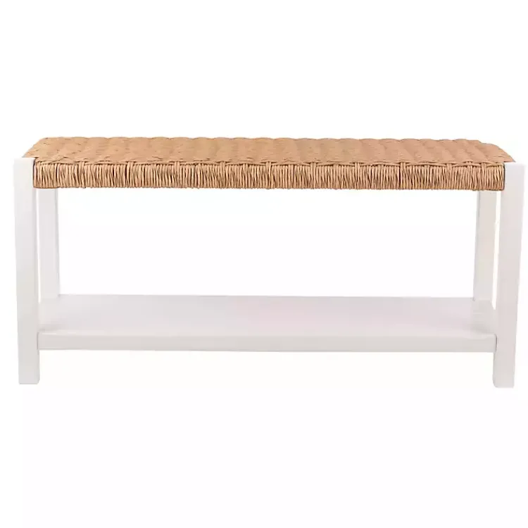 Kirklands Home Benches & Ottomans|White Newport Wood and Rattan Bench with Shelf Brown